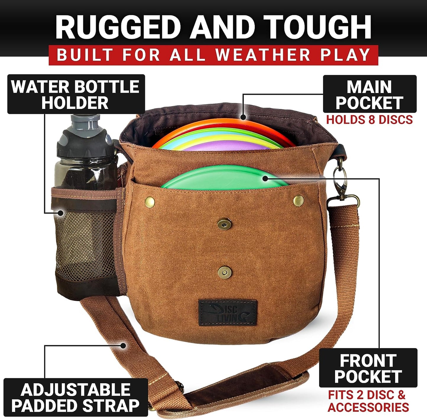 Disc Golf Bag | Frisbee Golf Bag | Easy to Carry | Lightweight Fits up to 10 Discs | 16 Oz Waxed Canvas Sturdy Design | Belt Loop | Double Button Design | Bottle Holder