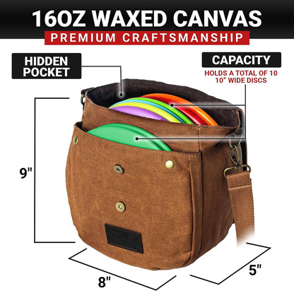 Disc Golf Bag | Frisbee Golf Bag | Easy to Carry | Lightweight Fits up to 10 Discs | 16 Oz Waxed Canvas Sturdy Design | Belt Loop | Double Button Design | Bottle Holder